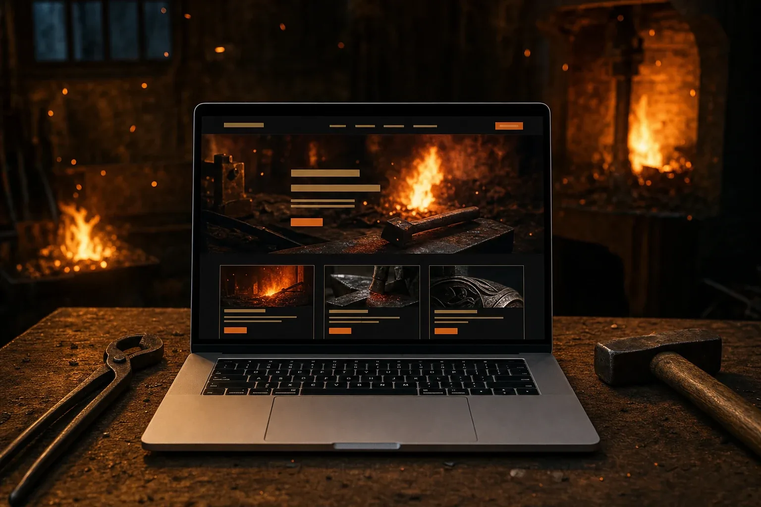 A finished dark website on a laptop in the forge