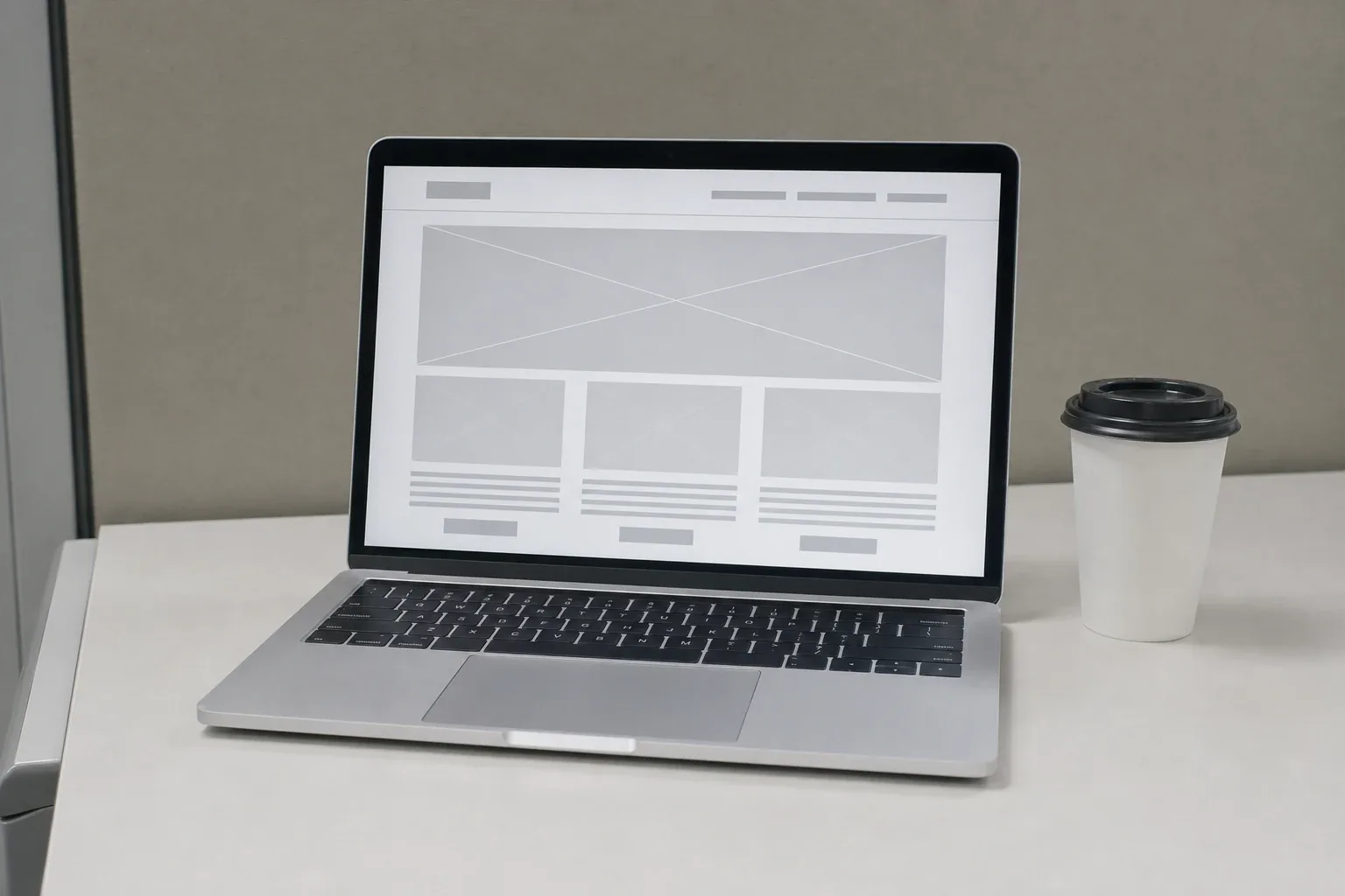 A plain gray template on a laptop in an office